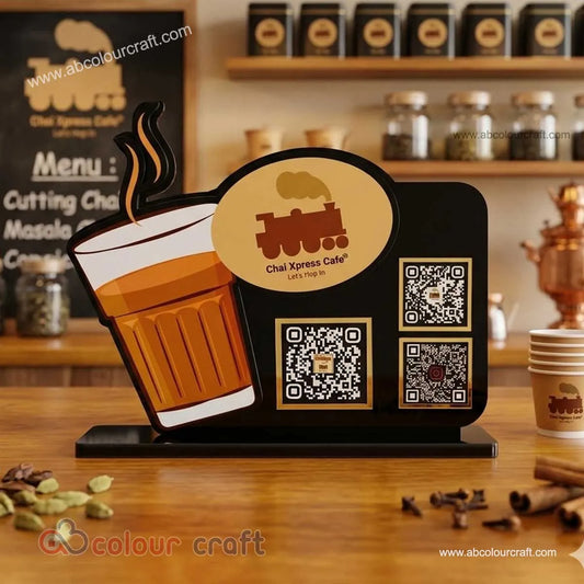 Premium Chai Cafe QR Code Stand | Custom Tea Shop Display Stand with Logo