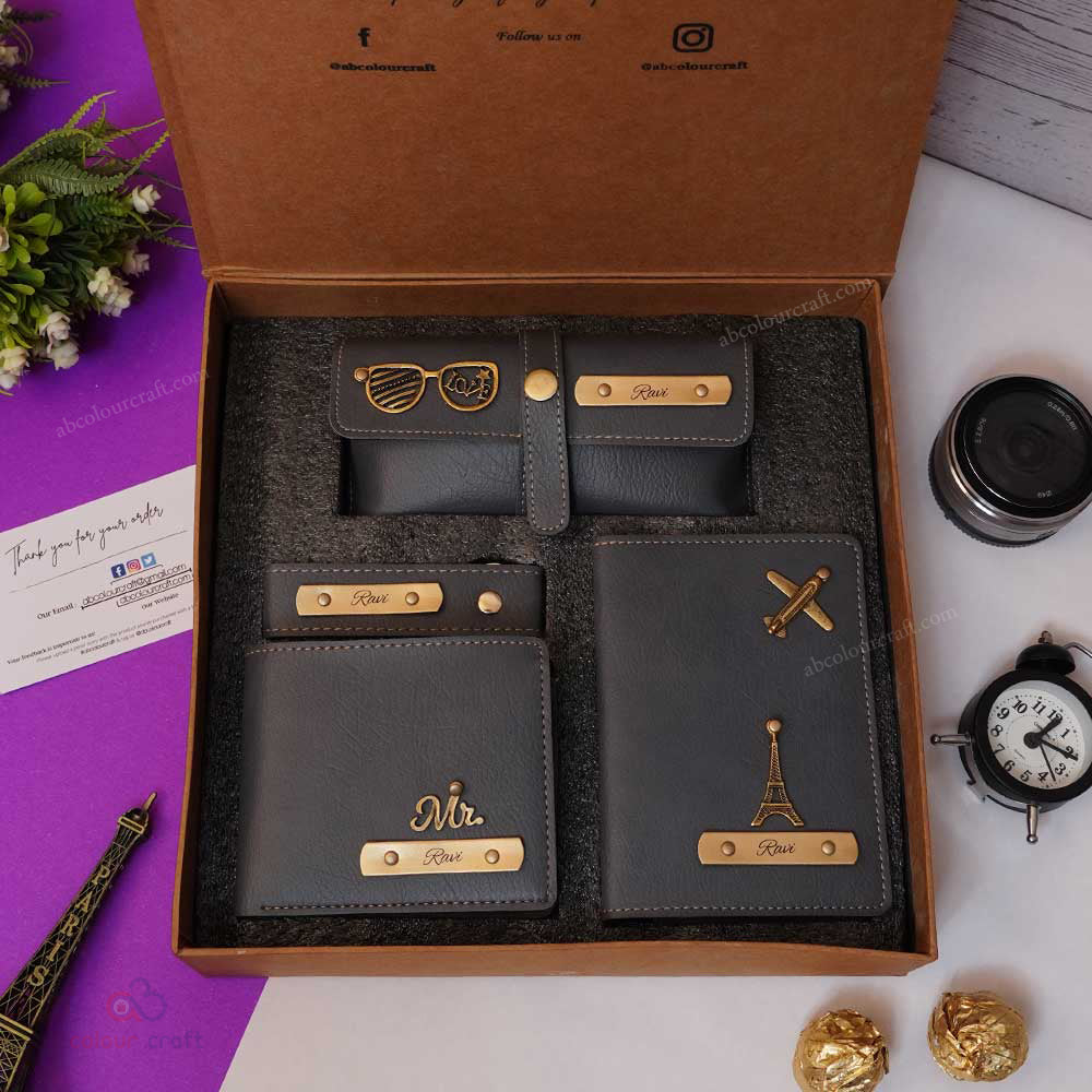 Premium Leather Wallet & Travel Combo Gift Set – Personalized with Name & Charms