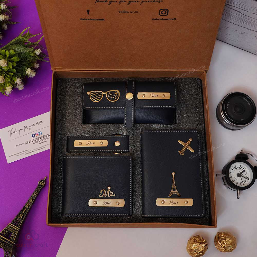 Premium Leather Wallet & Travel Combo Gift Set – Personalized with Name & Charms