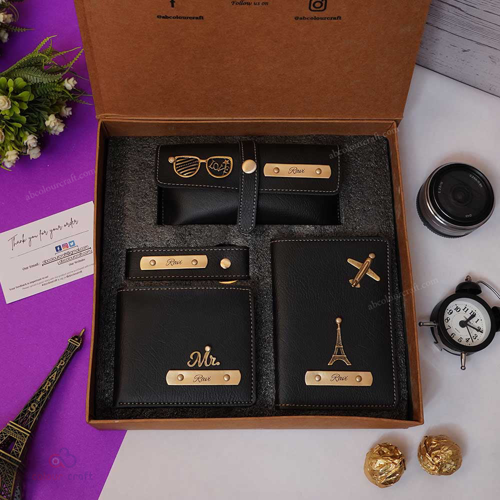 Premium Leather Wallet & Travel Combo Gift Set – Personalized with Name & Charms