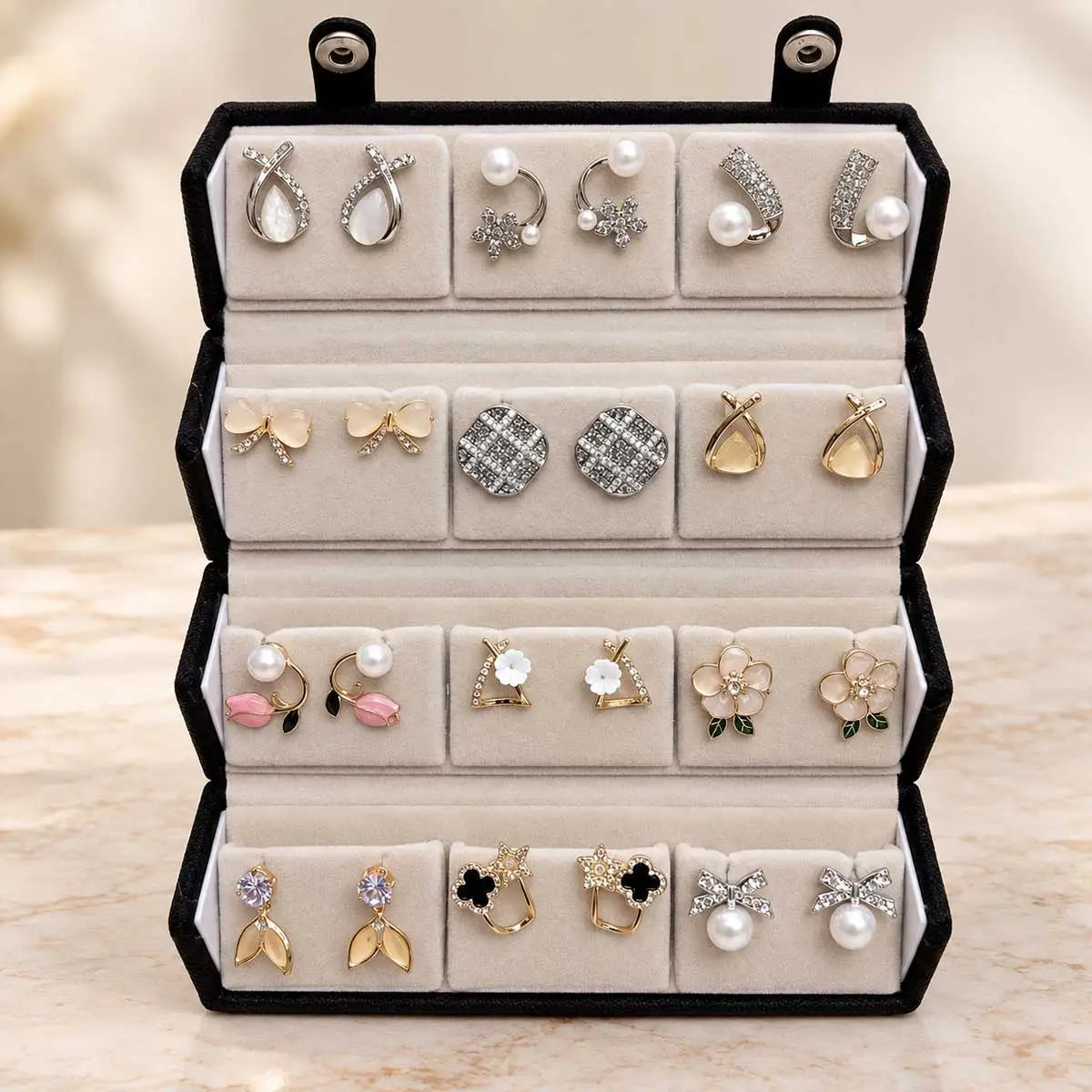 Assorted Korean-style fashion earrings including pearl, floral, bow and crystal-inspired designs
