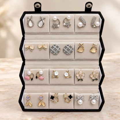 Assorted Korean-style fashion earrings including pearl, floral, bow and crystal-inspired designs