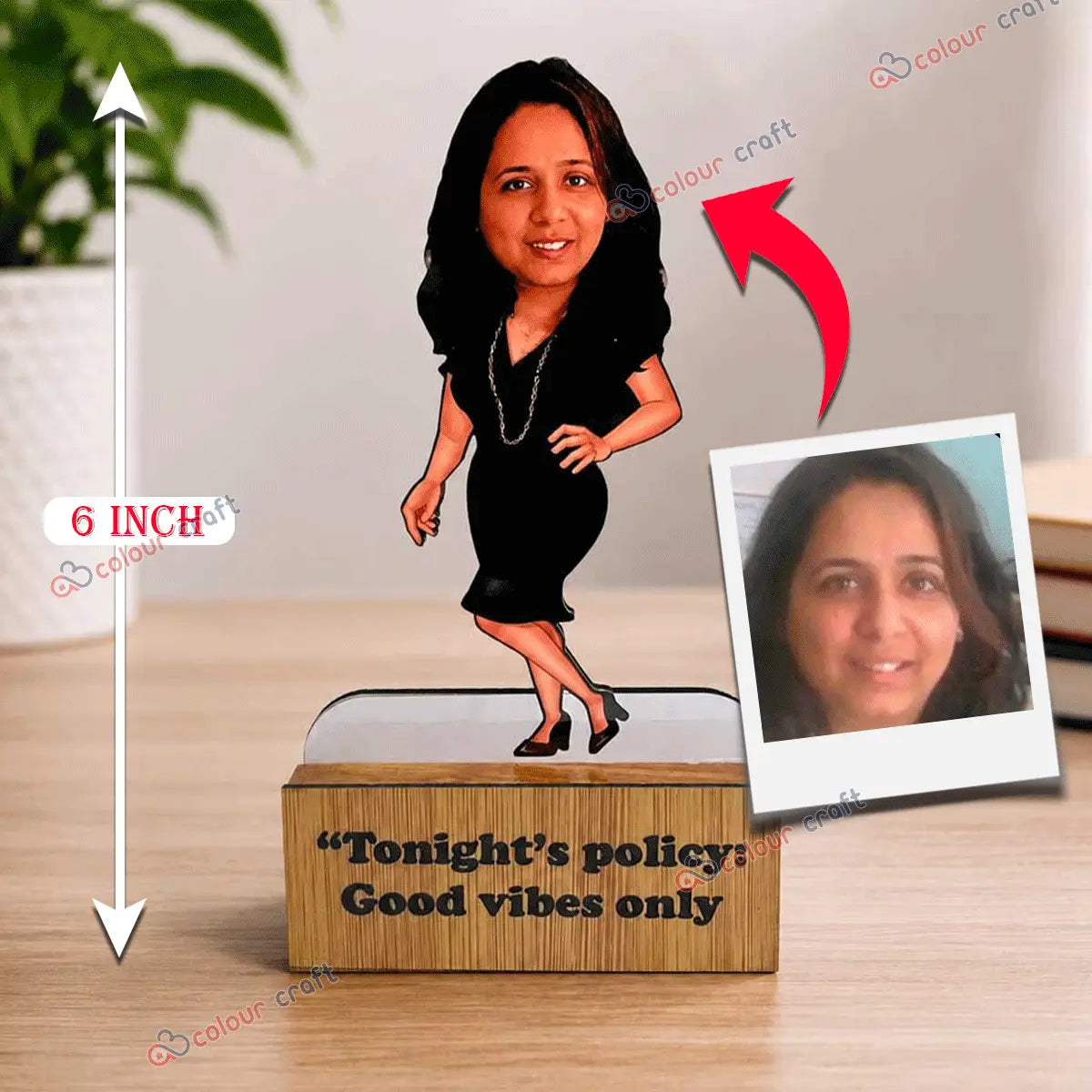 Custom caricature desk standee with wooden base personalized from photo