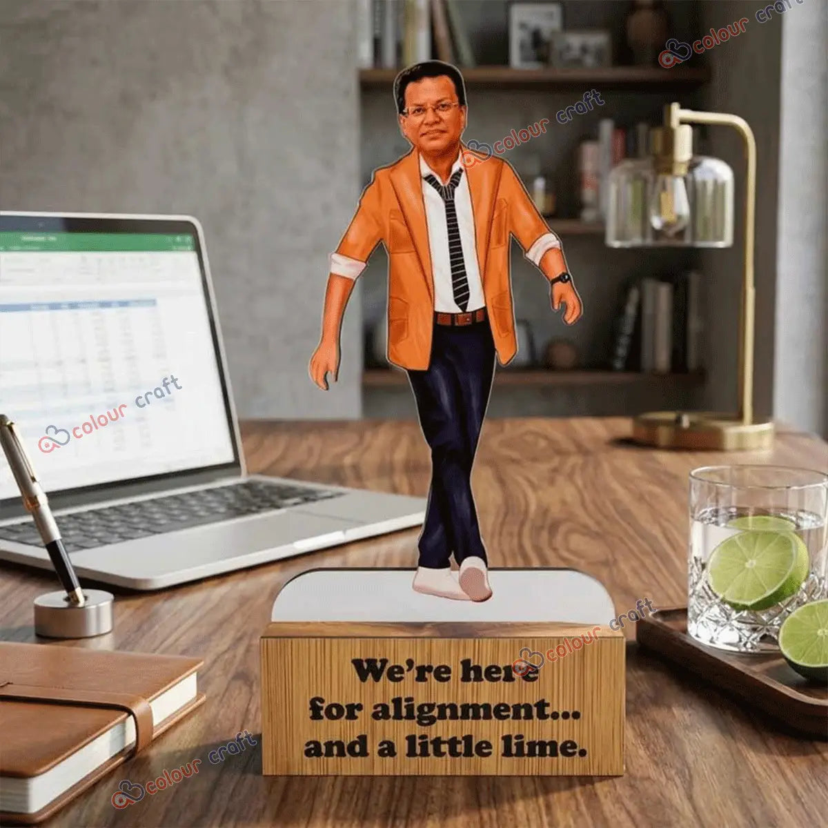 Personalized caricature desk stand with wooden base for office desk decor