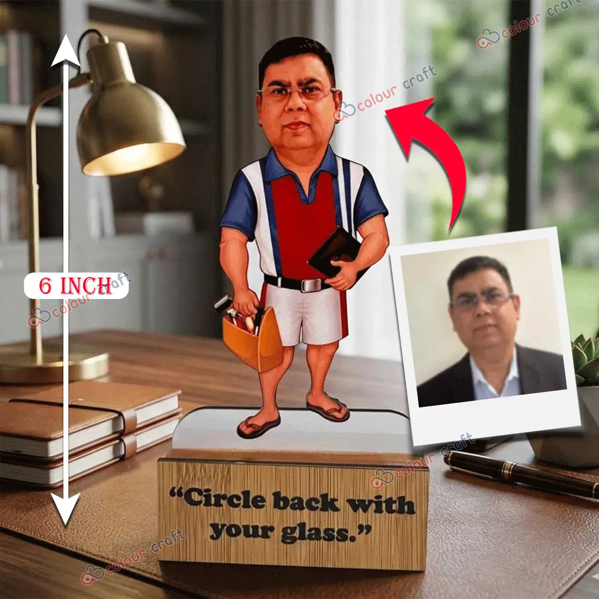 Custom caricature figurine gift with wooden base for professionals and office desks