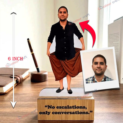 Custom office desk caricature standee with wooden base and funny quote