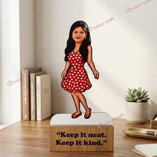 Personalized caricature desk stand with wooden base