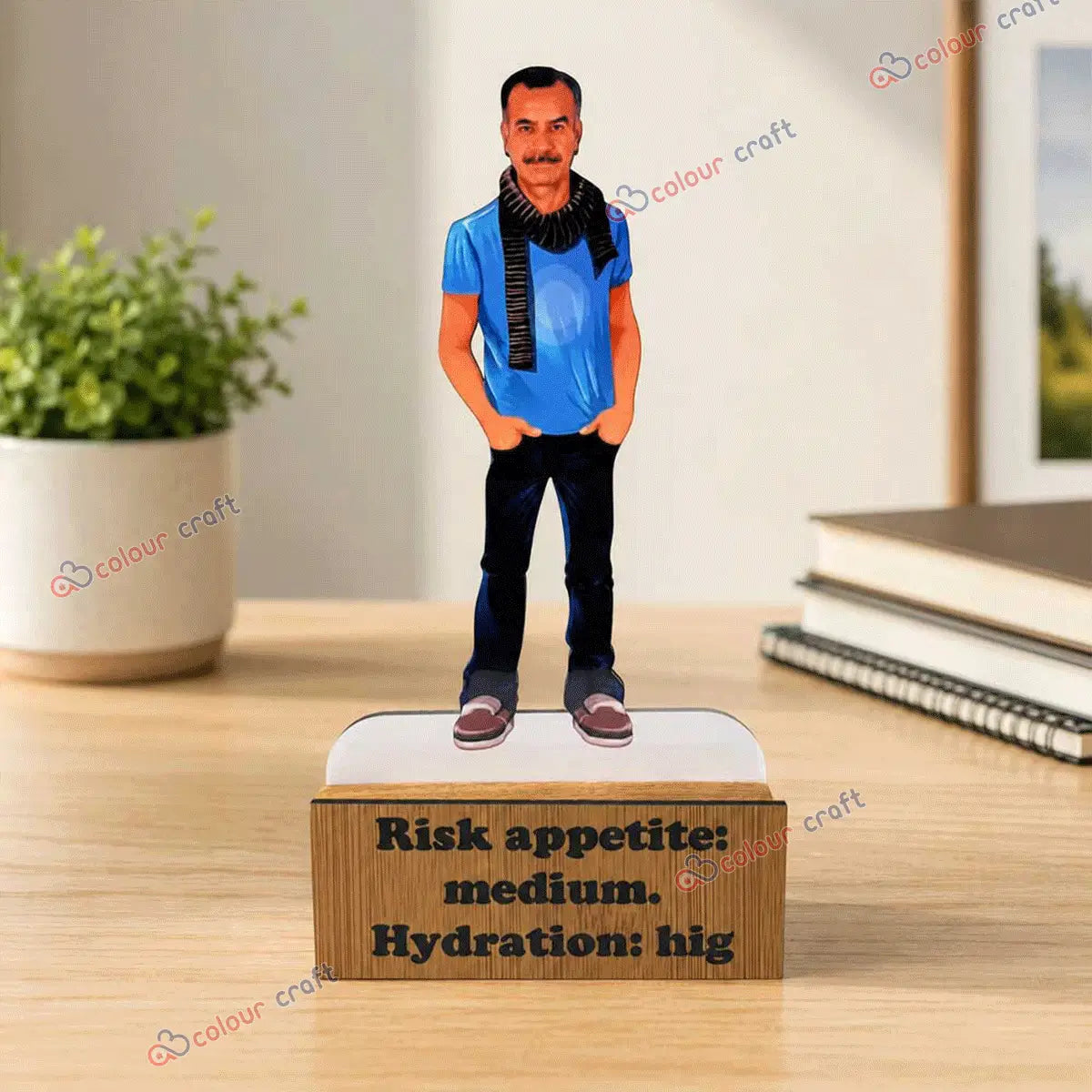 Custom caricature desk stand with wooden base personalized from photo