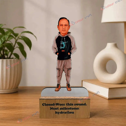 Personalized caricature desk stand with wooden base and custom photo face
