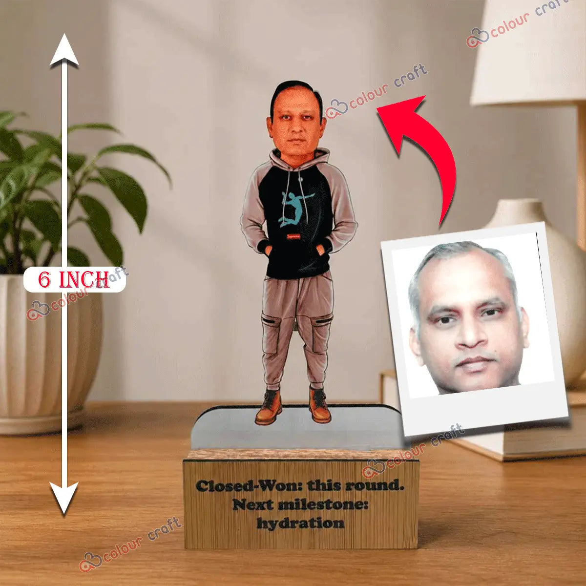 Custom caricature standee gift for men with realistic face and wooden stand