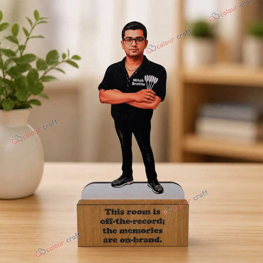 Personalized caricature standee gift with wooden base on office table