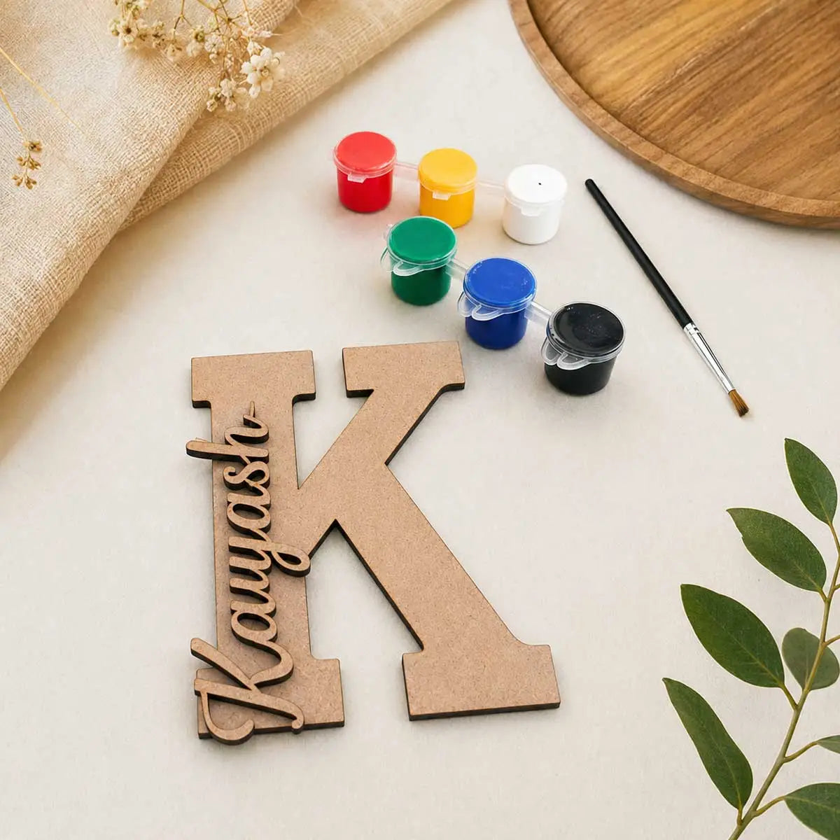 Custom Wooden Name Plate with Paint Colours and Brush