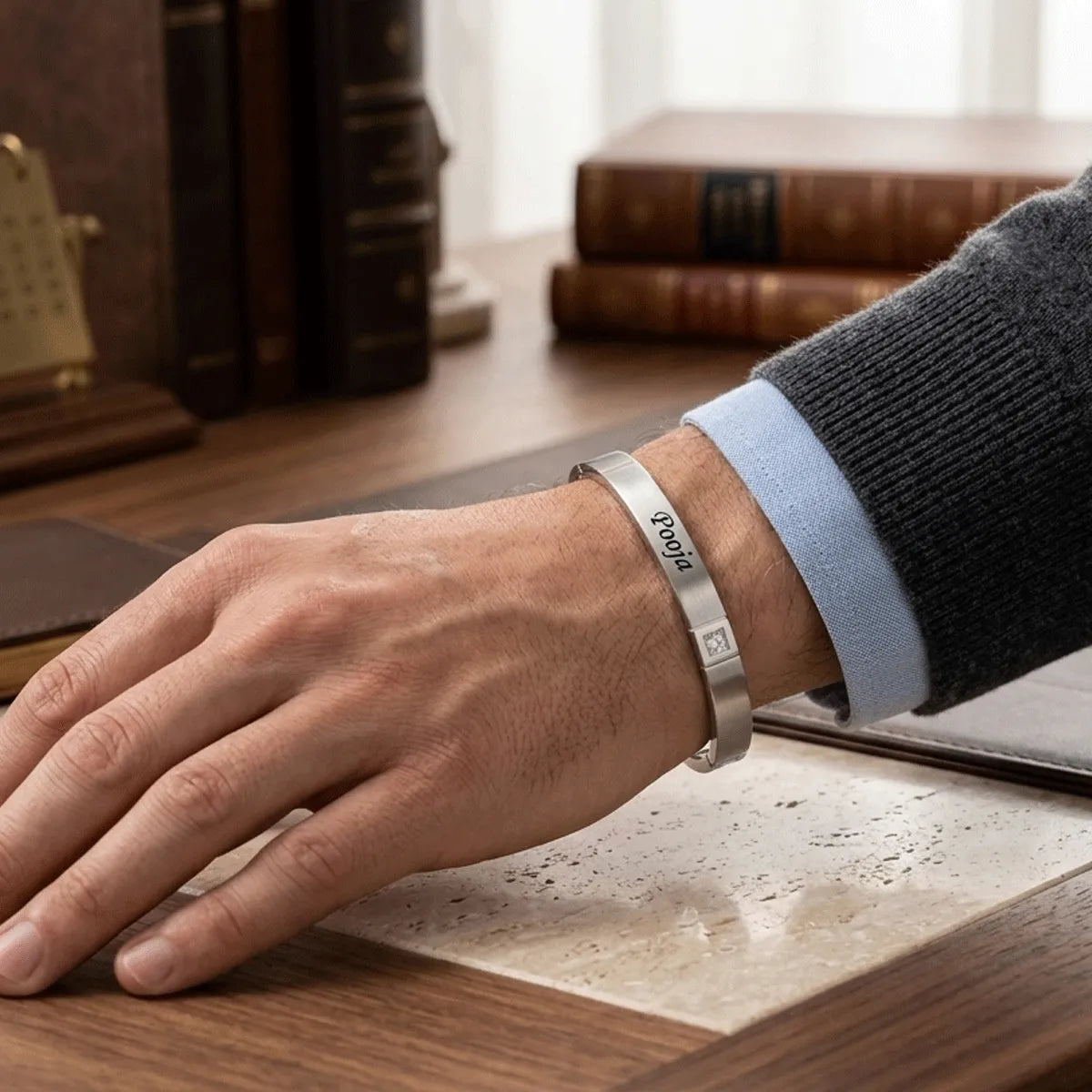 Custom engraved silver bracelet for men personalized gift