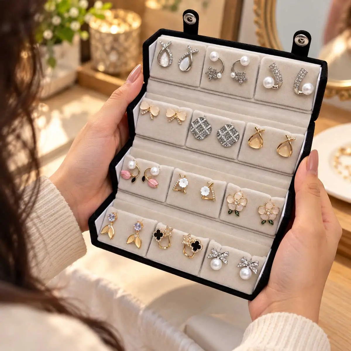 Custom name earring gift box with golden lettering and organized 12-pair earring collection