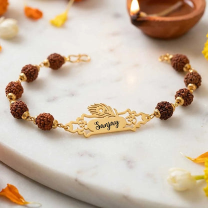 Customized Brass Name Rakhi with Rudraksha