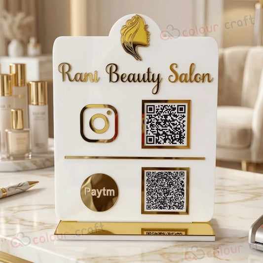 Luxury Acrylic QR Code Stand for Salon | Custom Instagram & Paytm QR Display Stand