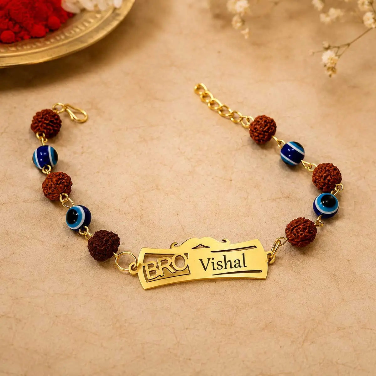 Evil eye and rudraksha customized rakhi bracelet