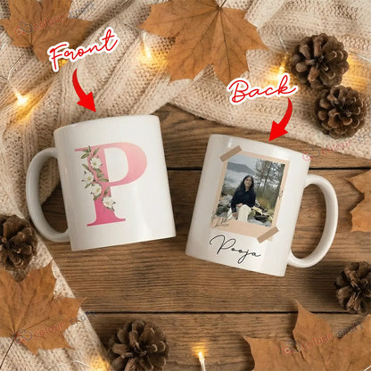 Personalized Photo Mug - Floral Initial & Custom Name Design