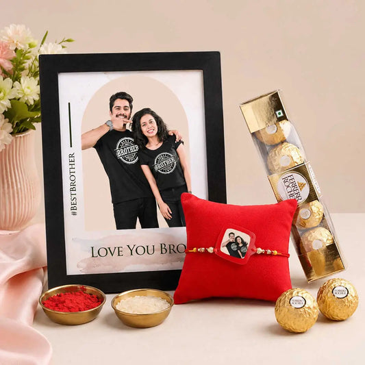 Personalized Rakhi Gift Hamper for Brother with Custom Photo Frame, Photo Rakhi and Ferrero Rocher Chocolates