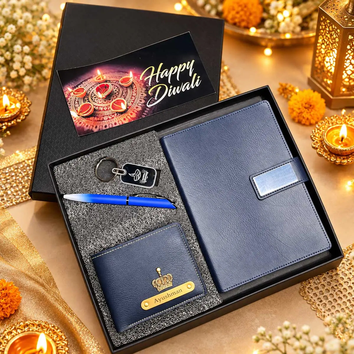 Personalized diary wallet pen and keychain gift set for men