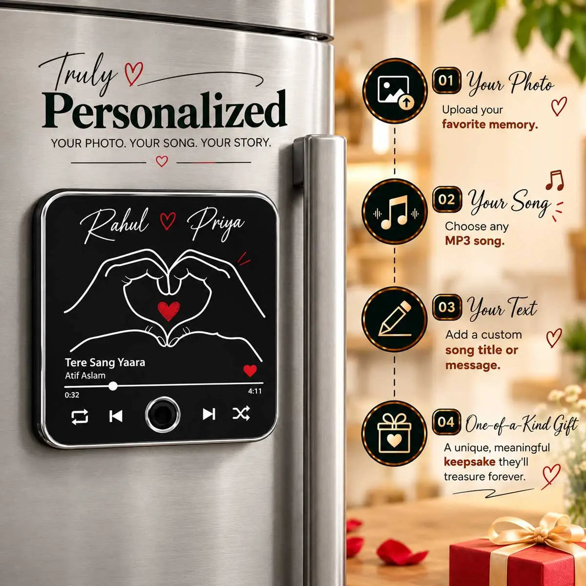 Personalized musical fridge magnet with custom song and two names