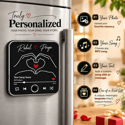 Personalized musical fridge magnet with custom song and two names