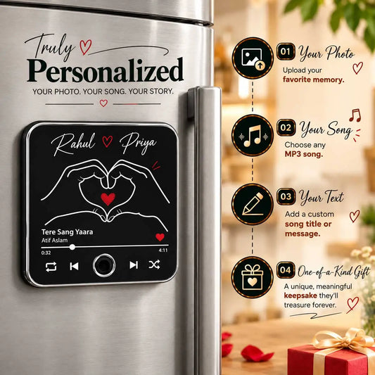 Personalized musical fridge magnet with custom song and two names