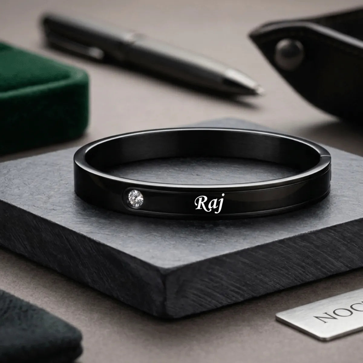 Personalized name engraved black stainless steel bracelet with crystal accent