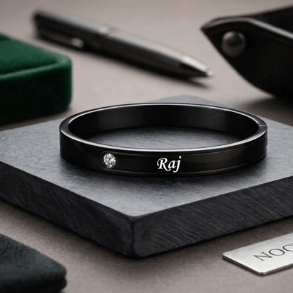 Personalized name engraved black stainless steel bracelet with crystal accent