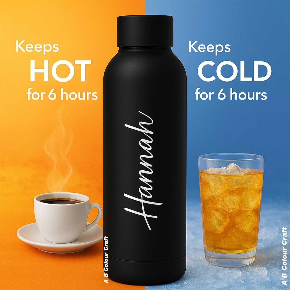 Personalized stainless steel insulated water bottle with custom name printing in multiple colors