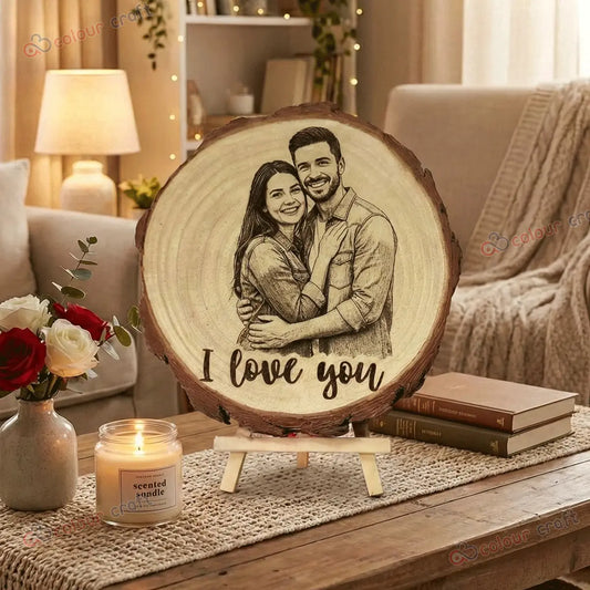 Personalized Wood Slice Photo Frame | Custom Laser Engraved Picture on Natural Log Plaque with Stand