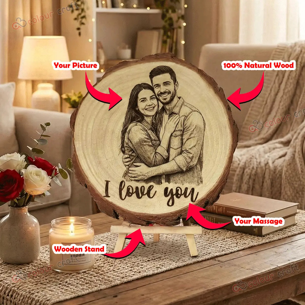 Personalized Wood Slice Photo Frame | Custom Laser Engraved Picture on Natural Log Plaque with Stand
