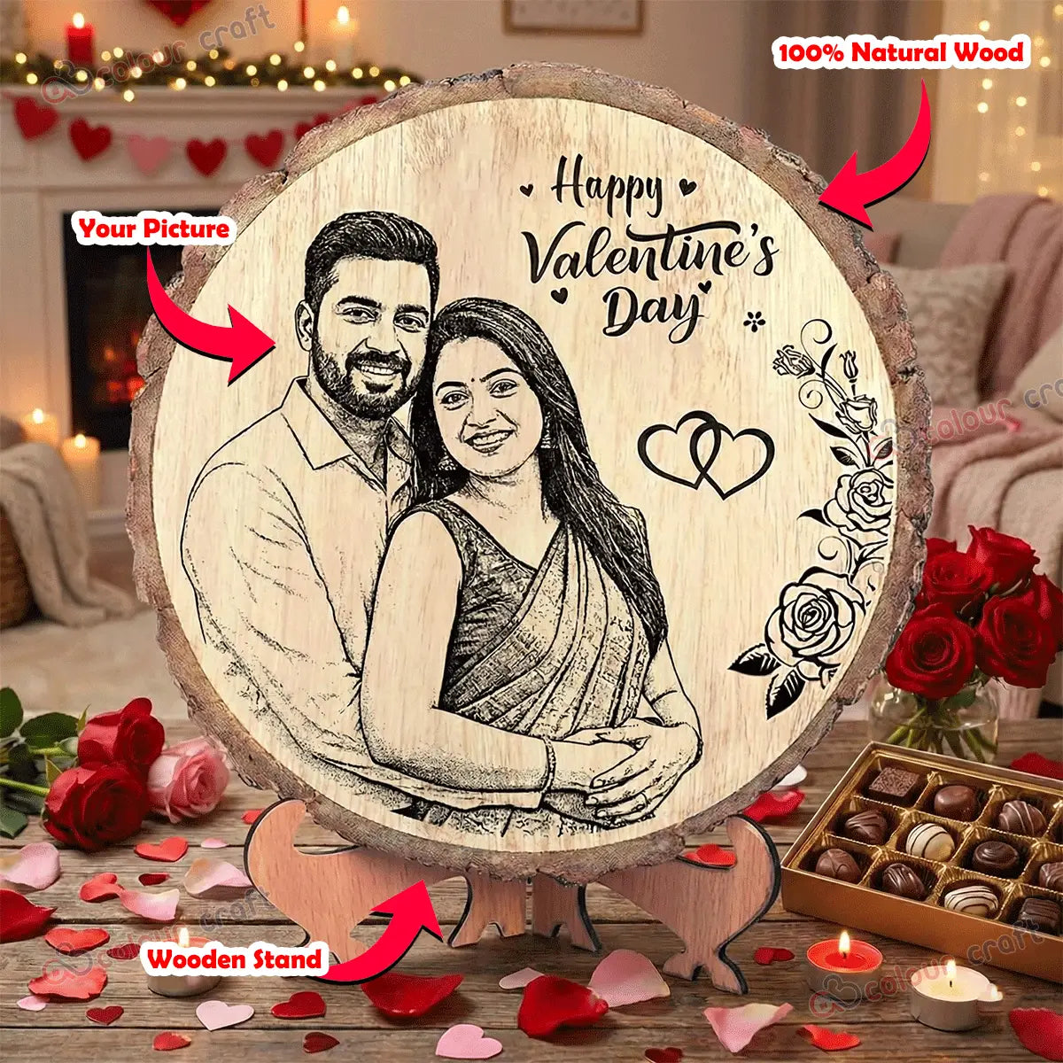 Personalized Laser Engraved Wood Photo Plaque with Stand - Custom Valentine's Gift