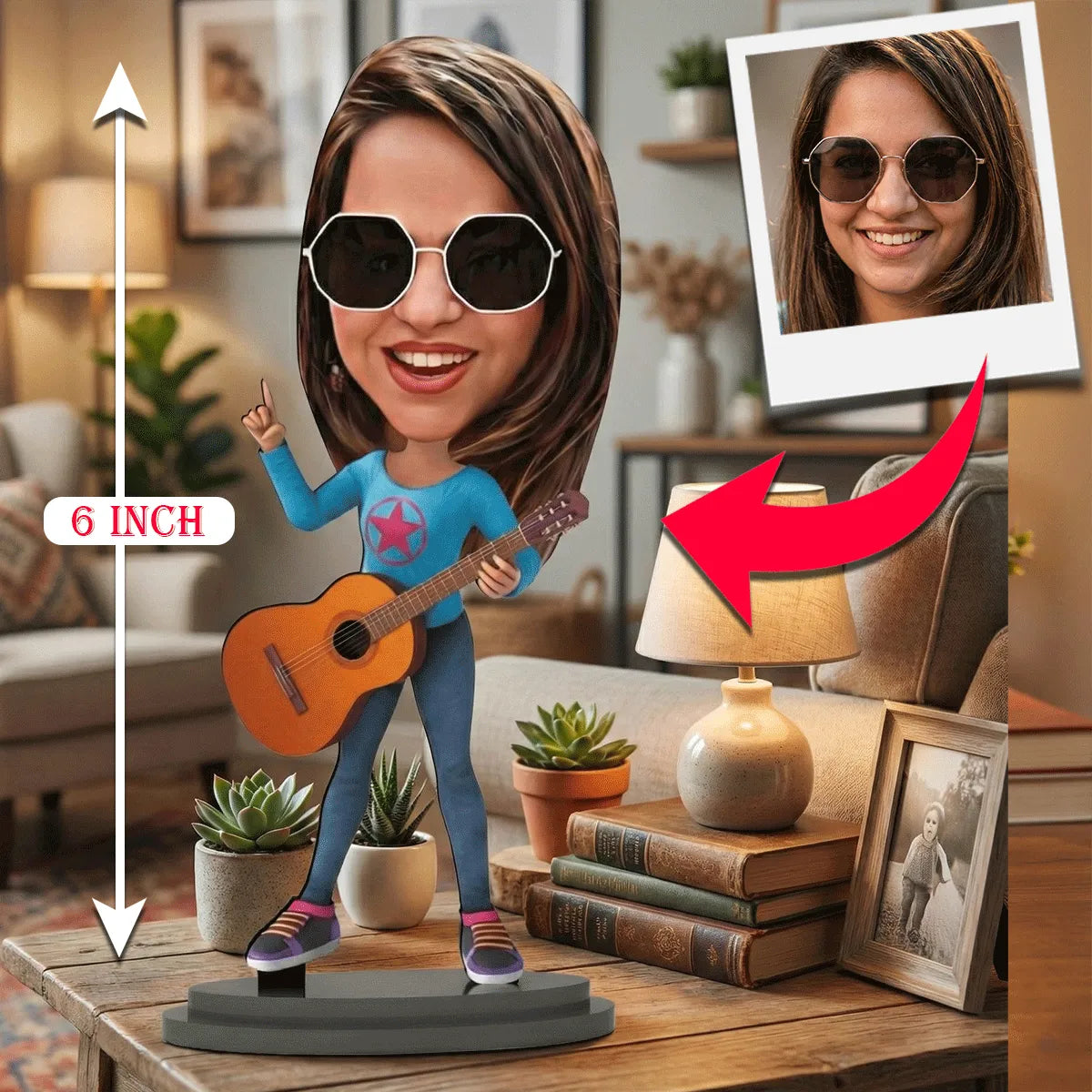Personalized Caricature Figurine - Female Guitar Player Custom Bobblehead from Photo