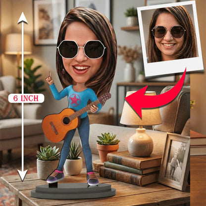 Personalized Caricature Figurine - Female Guitar Player Custom Bobblehead from Photo