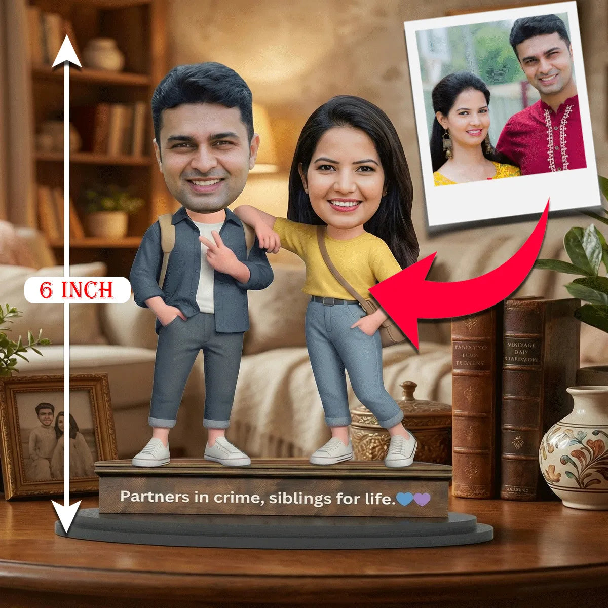 Personalized Brother & Sister 3D Caricature Figurine /Custom Photo Sibling Gift with Base Quote