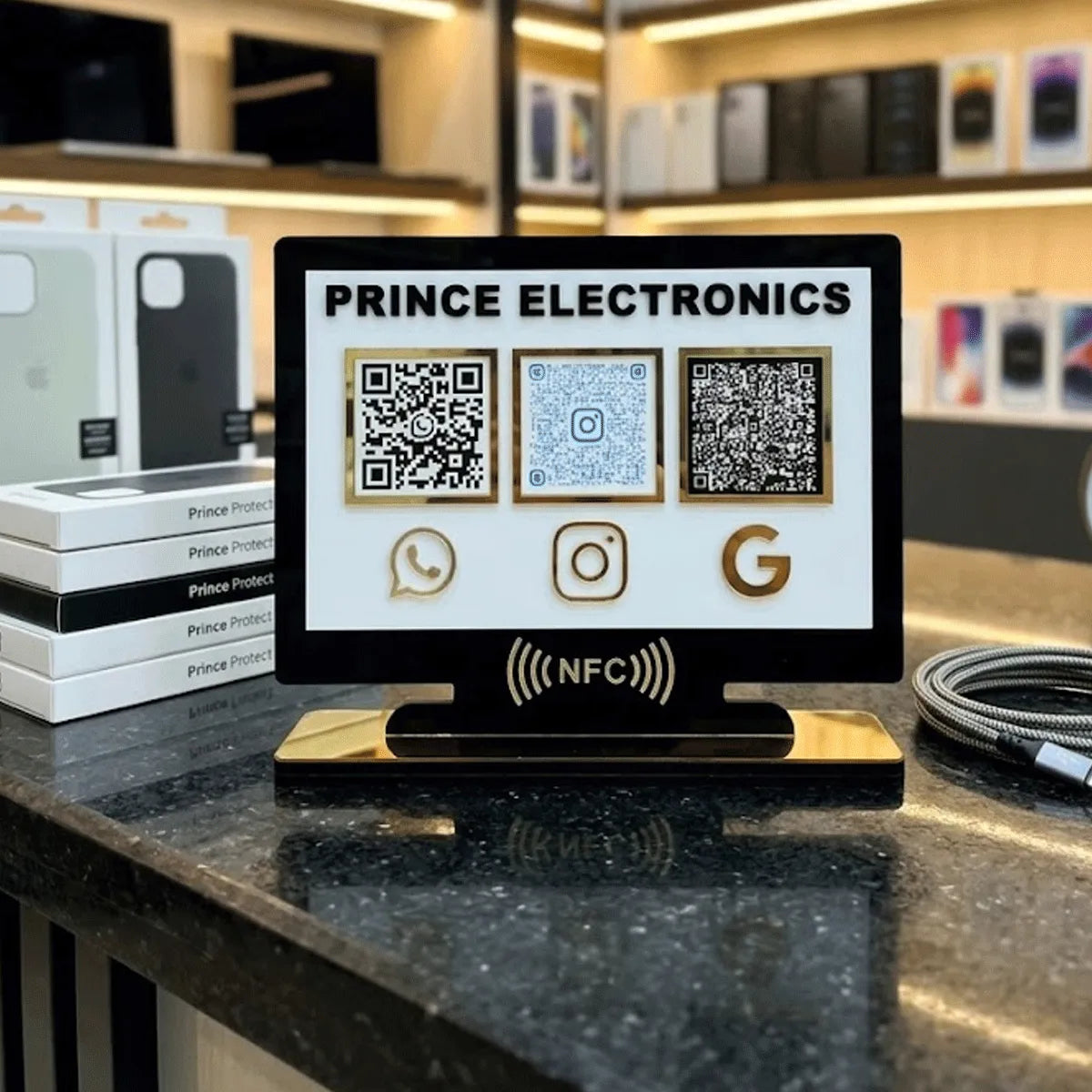 electronics shop google review stand