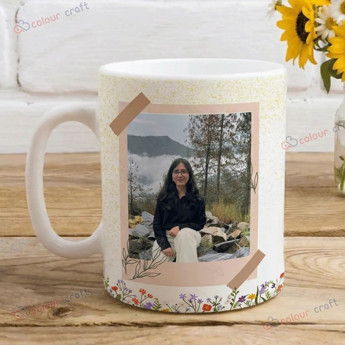 Personalized Photo Mug - Floral Initial & Custom Name Design