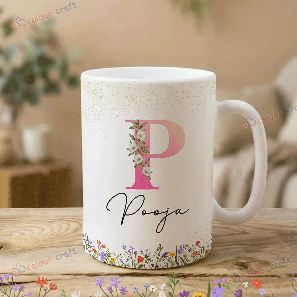 Personalized Photo Mug - Floral Initial & Custom Name Design