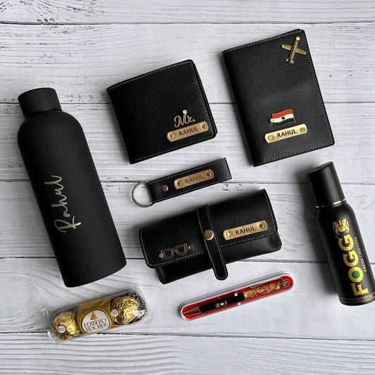 Luxury Birthday & Anniversary Gift Kit for Men – Personalized Black Wallet, Travel Accessories & Grooming Set with Name Engraving