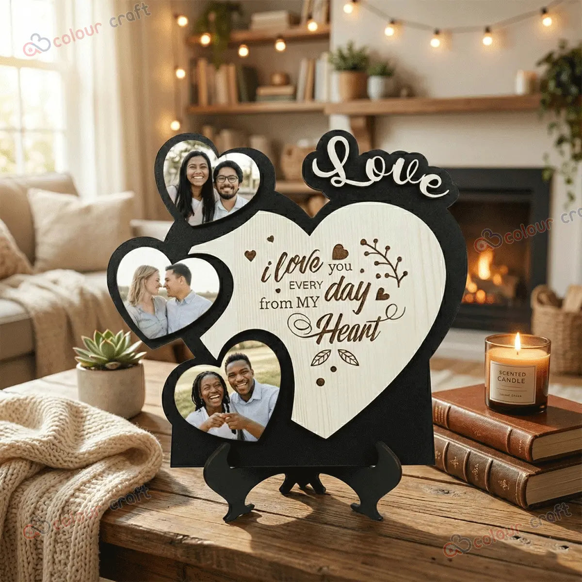 Personalized Love Photo Frame - Wooden 3-Picture Heart Collage Gift for Him/Her