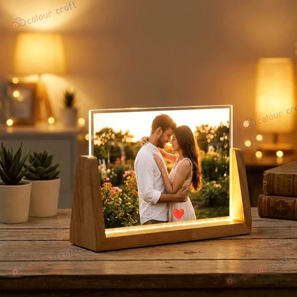 Personalized LED Photo Frame with Wooden Base / 3D Acrylic LED Frame